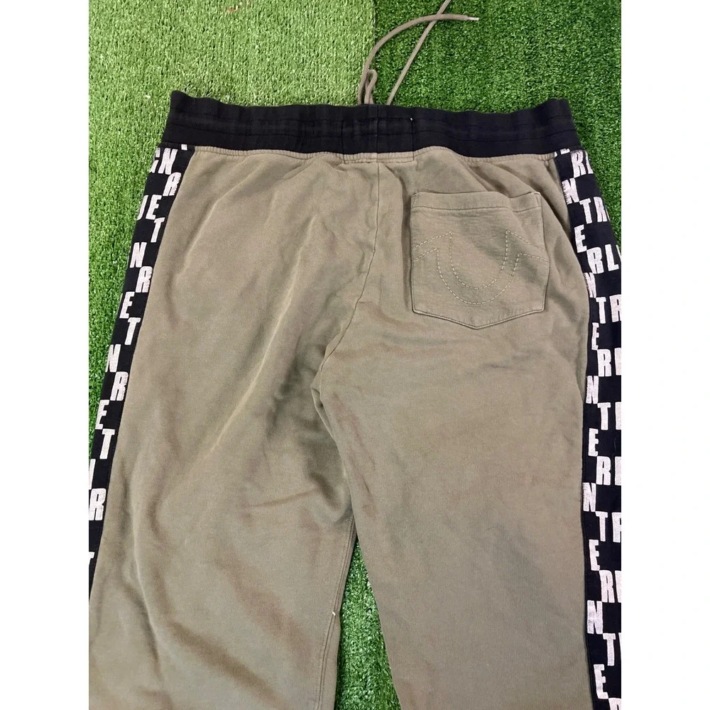 True Religion Mens 2XL Khaki Green Logo Side Stripe Jogger Sweatpants Black Tape